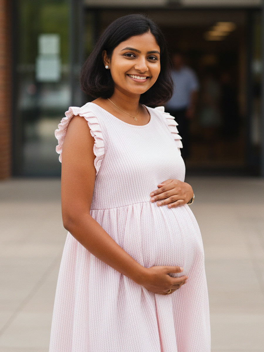 Peach Striped Cotton Maternity & Nursing Dress with Concealed Zips | Ziva