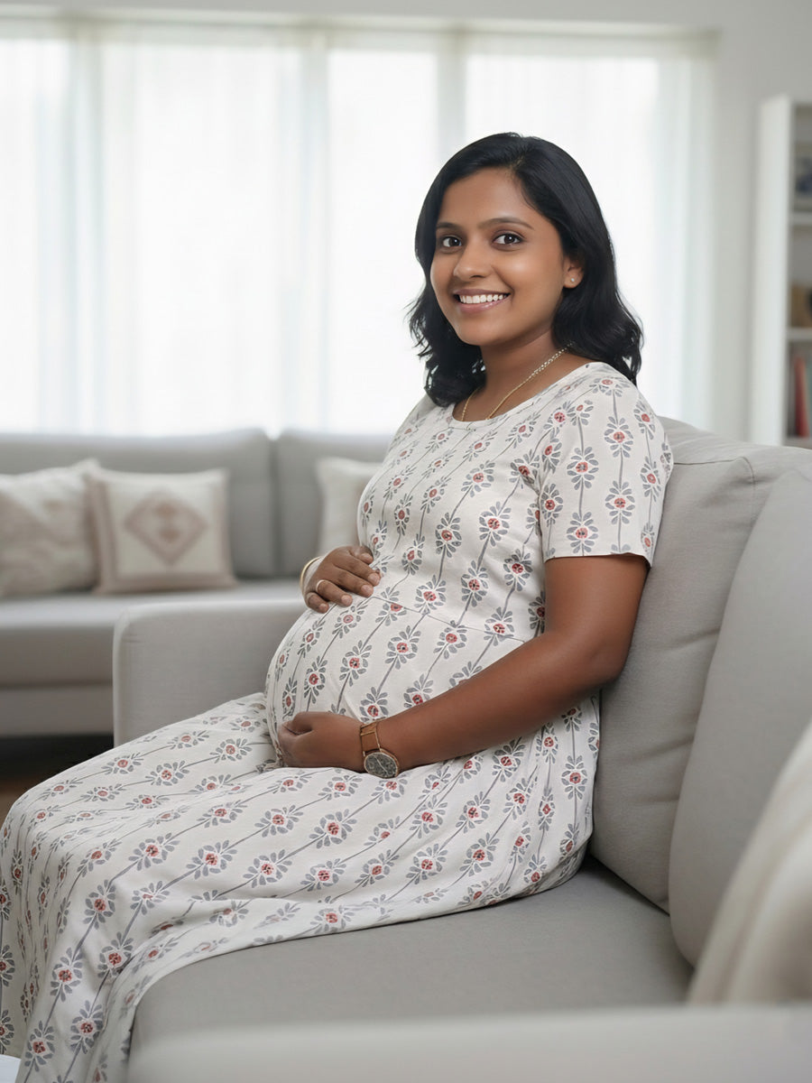 Cream  Floral Knitted Zipless Maternity & Nursing Dress | Ziva