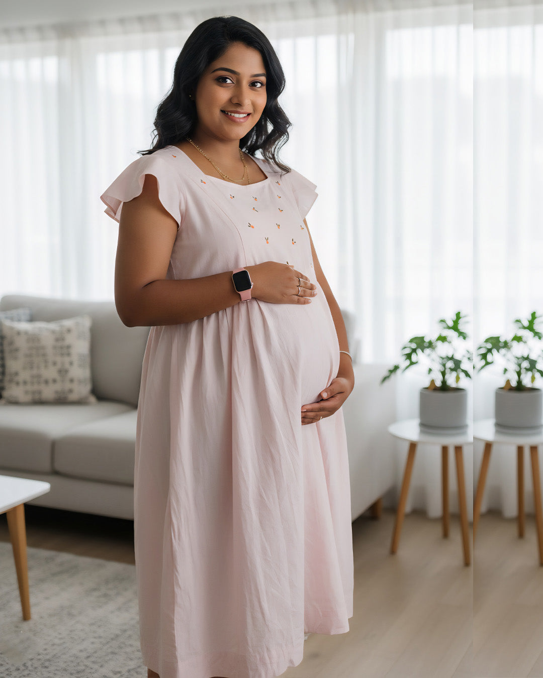 Soft Pink Cotton Maternity Dress with Flutter Sleeves & Nursing Zips ! Ziva