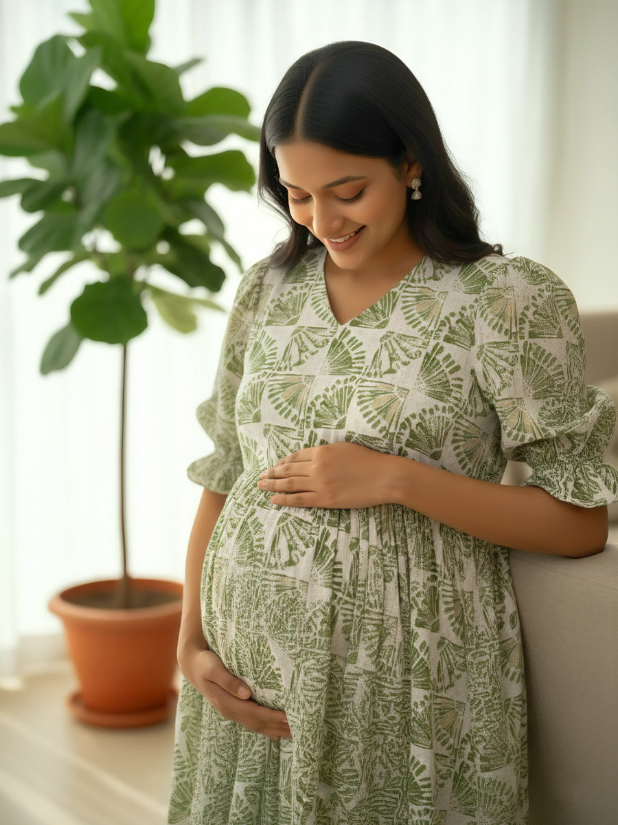 Off-White & Green Floral Block Print Maternity & Nursing Dress – Ziva