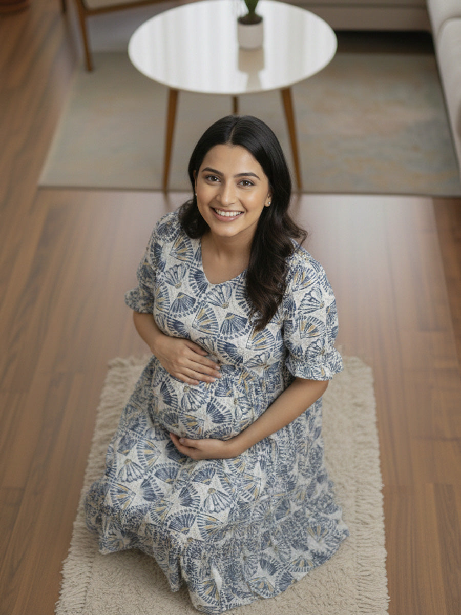 Off-White & Blue Floral Block Print Maternity & Nursing Dress