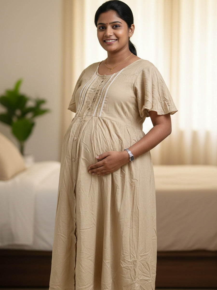 Coffee Cream Full-Open Short Maternity & Feeding Nighty