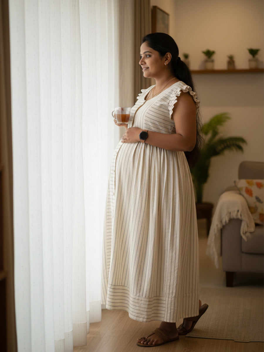 Cream Organic Cotton Maternity & Feeding Dress – Elegant Fine Black Striped print