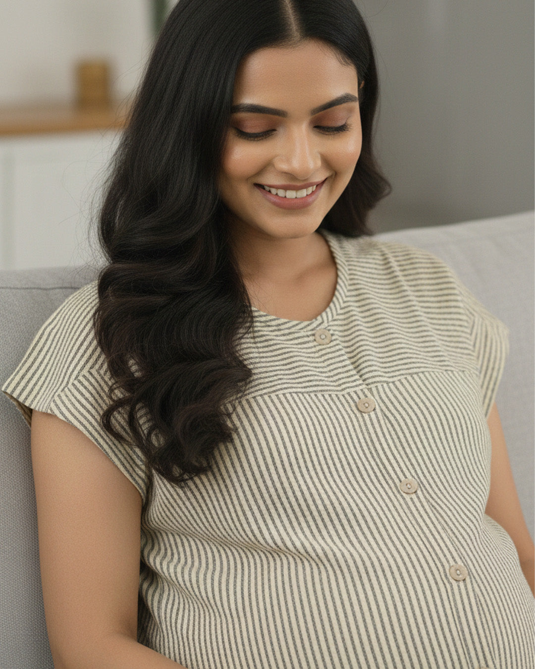 Yellowish Cream Cotton Vertical Striped Full-Open Maternity & Nursing Nighty