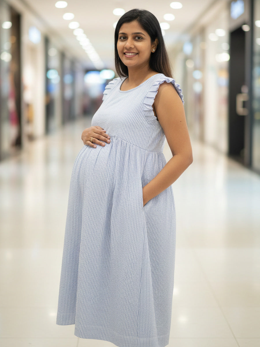 Blue Vertical Striped Cotton Maternity & Nursing Dress