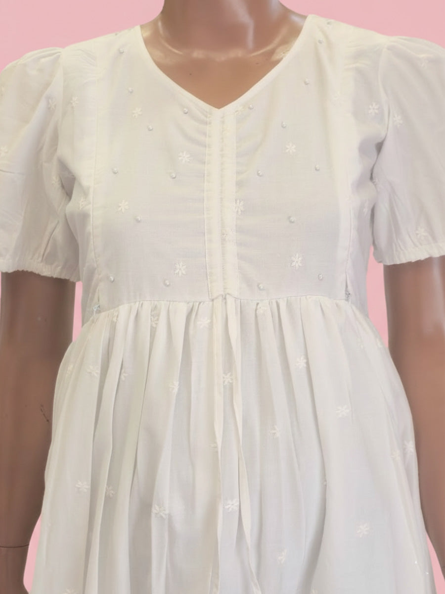 White Cotton Maternity & Feeding Dress with Bead & Thread Work – Christmas Edition