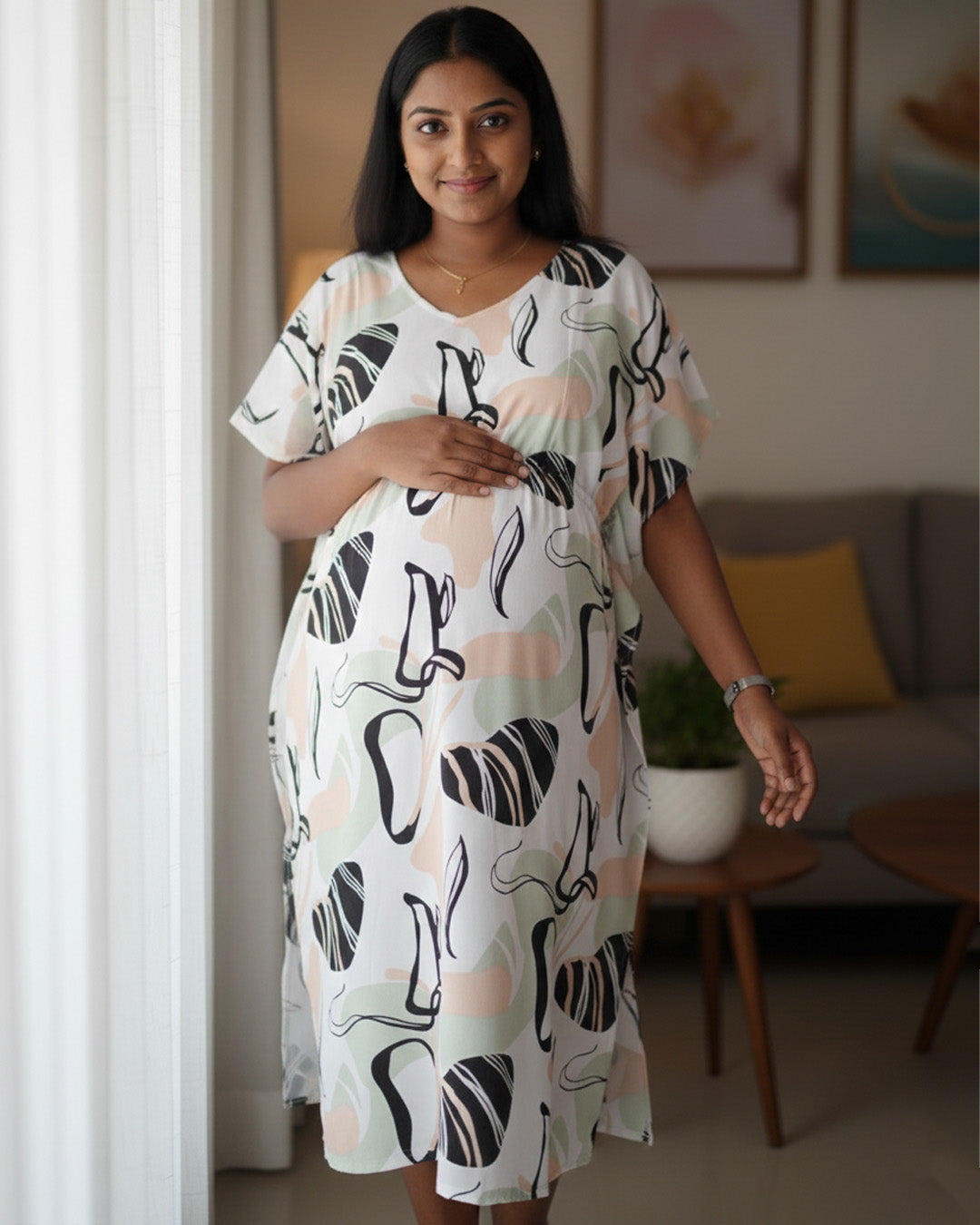 Maternity & Nursing Kaftan – White with abstract print & dual Zips | ziva
