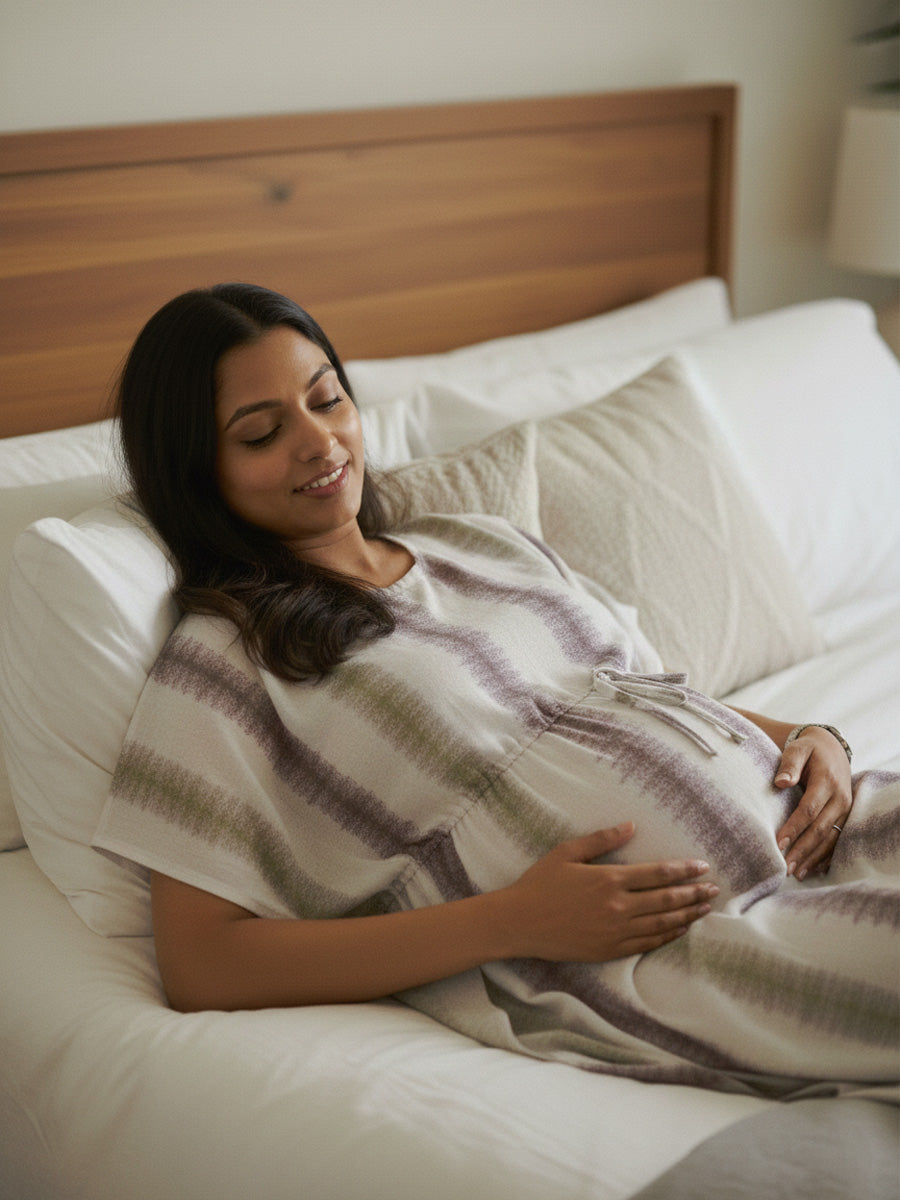 White Vertical Violet-Green Tie-Dye Print Maternity & Nursing Kaftan with Zips | Ziva