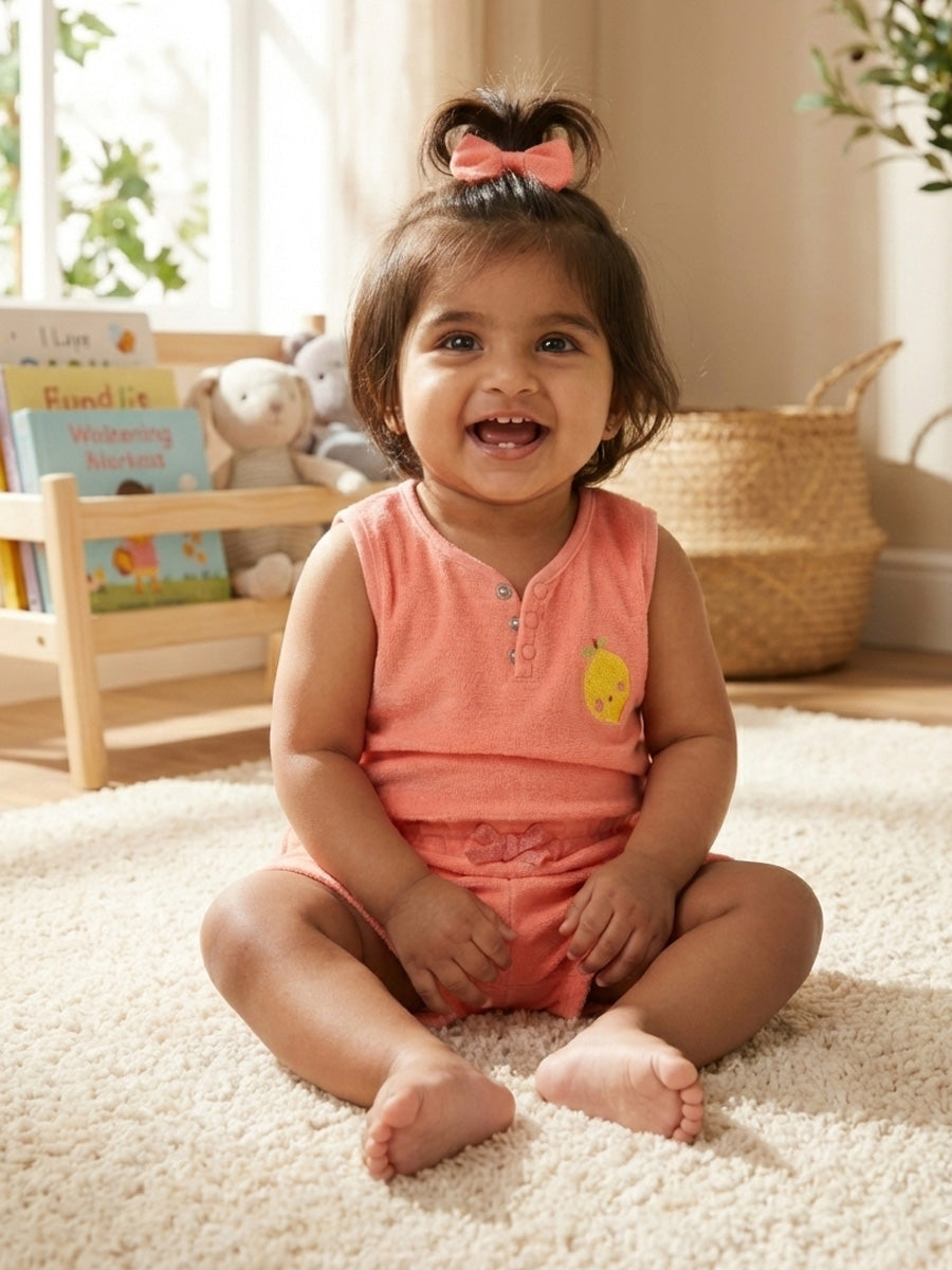 Peach Color Jumpsuit in Terry Fabric with Lemon Embroidery | 0–3M to 3Y