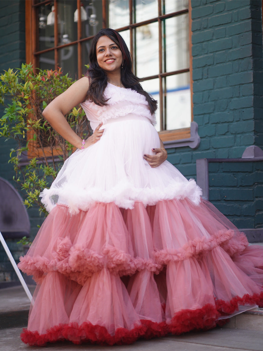Stylish Baby Shower & Photoshoot Ombre Ruffle Pattern Maternity Gown in Pink–Peach–Red
