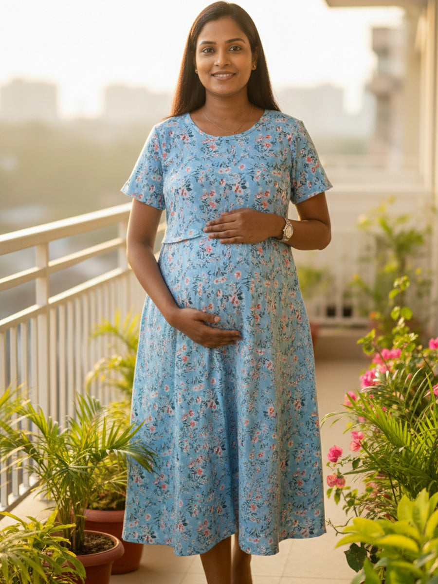 Sky Blue Zipless Floral Maternity & Feeding Dress | ziva