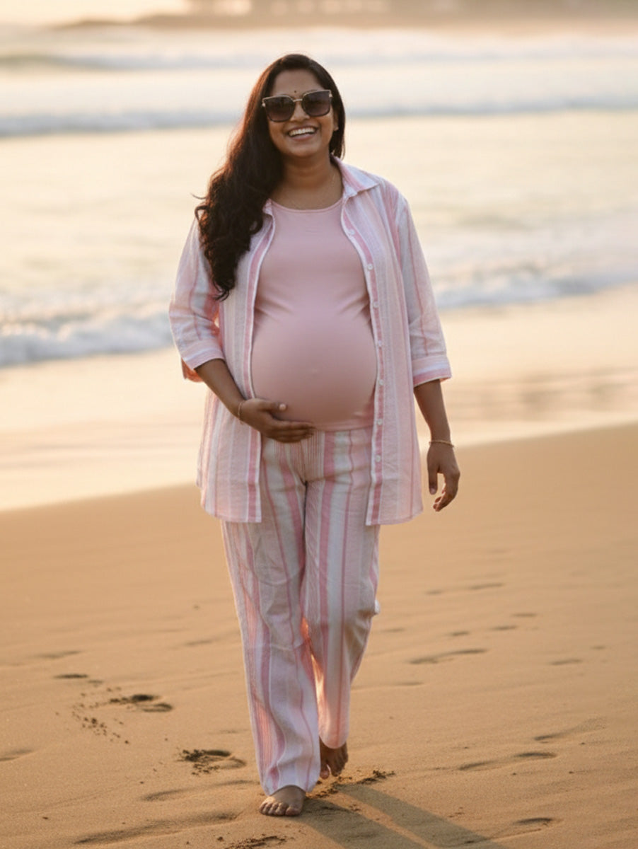 Ziva Pink & Peach Cotton Striped Maternity & Feeding Co-ord Set with Inner Baniyan (3-Piece Set)