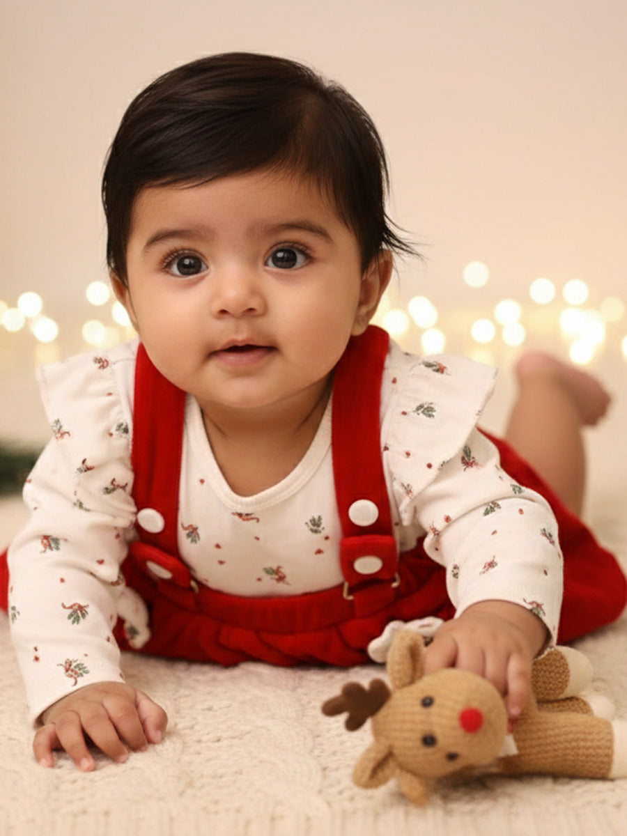 White Ruffle Sleeve T-Shirt & Red Velvet Suspender Skirt Baby Girl Outfit