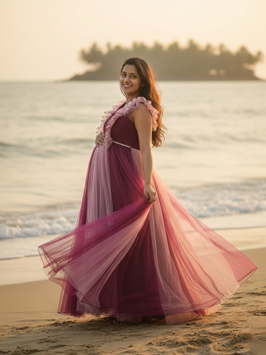 Wine & Pink Shaded Baby Shower & Photoshoot Gown with Pleated Yoke and Flowing Net Skirt