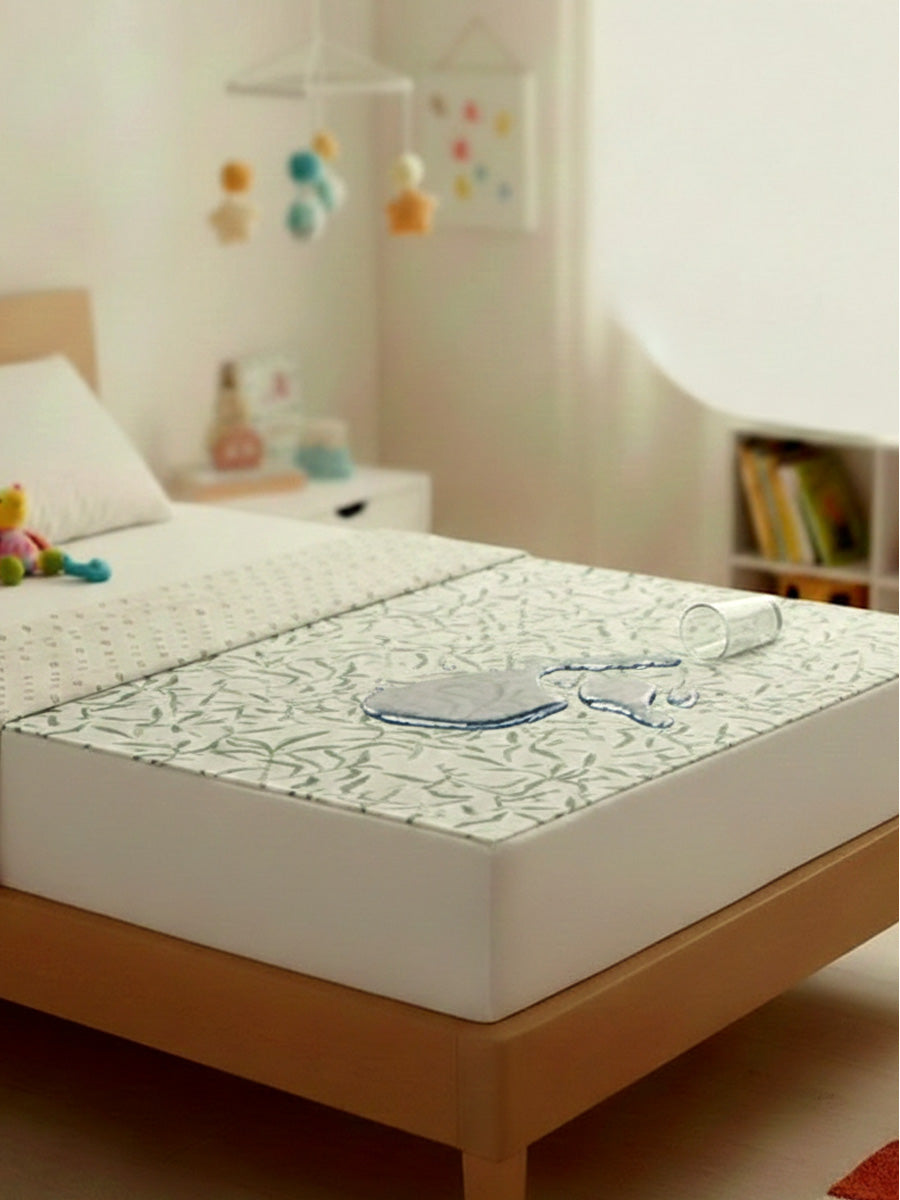 Ziva Waterproof Baby Bed Protector- Bamboo Leaf Print ( Cotton Fabric with PVC Coating, Easy Wipe Clean Mattress Protector)