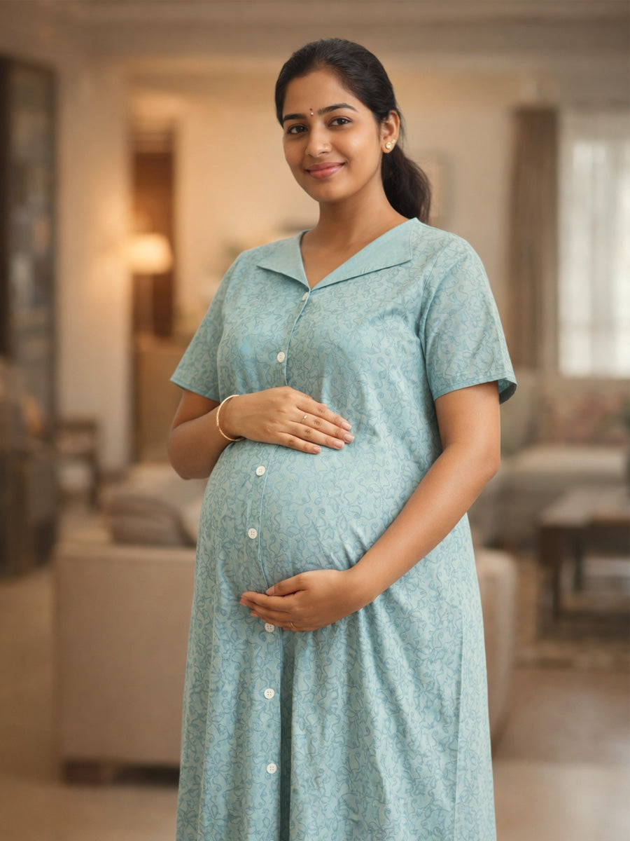 Cotton Full Open Maternity & Nursing Nighty – Powder Blue Abstract Print – Full Length