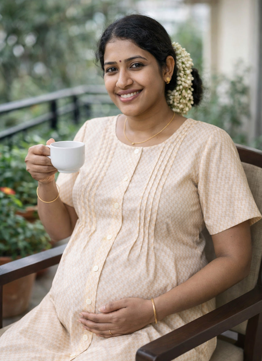 Cream Geometric Print Cotton Full Open Maternity & Feeding Short Nighty