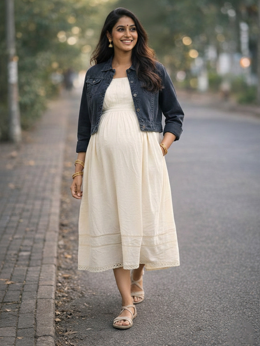 Light Cream Cotton Mull Maternity & Nursing Midi Dress with Soft Lining and Dark Grey Denim Jacket
