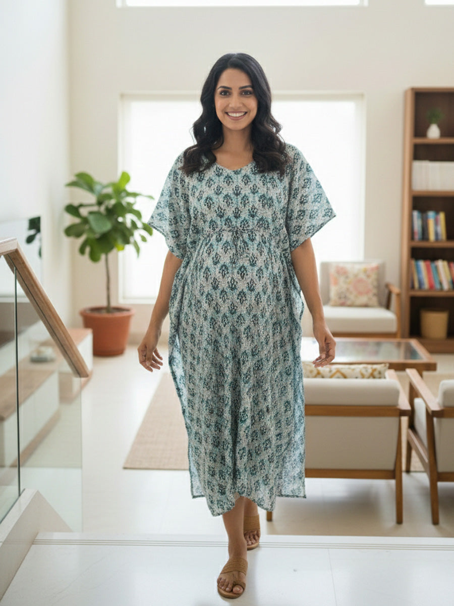 Pine Green Block Print Premium Maternity and Nursing Kaftan | Ziva