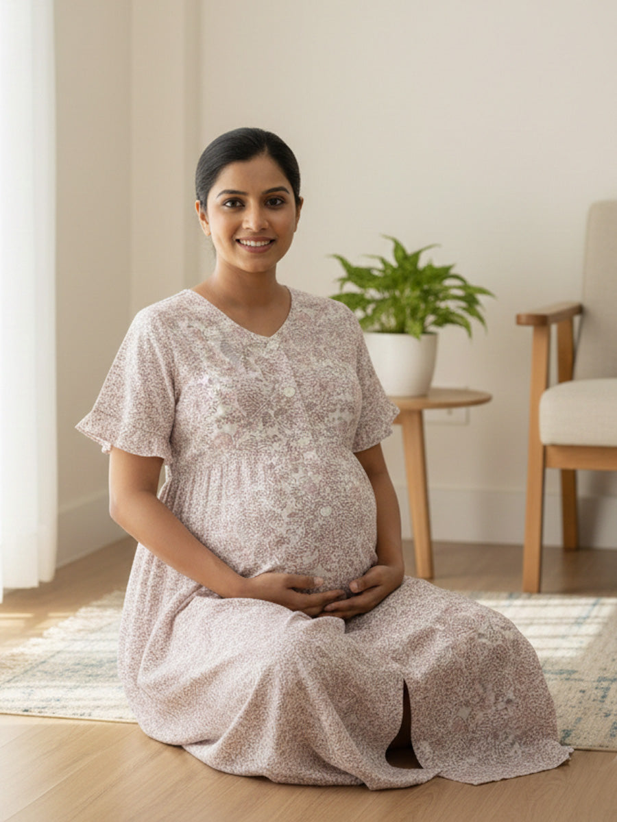 Cotton Full Open Floral Maternity Nighty – Full Length White & Peach Floral Print | Ziva
