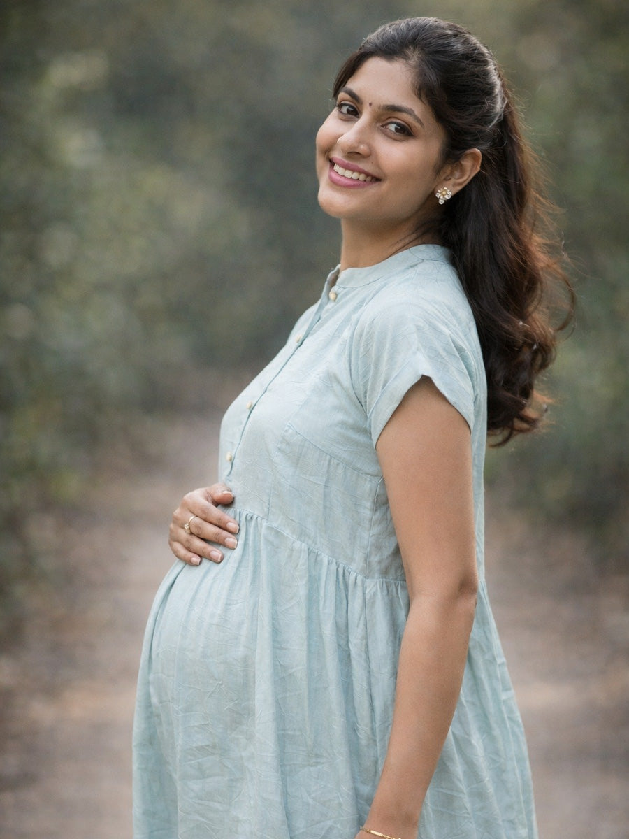 Ziva Pastel Teal Premium Crinkle Textured Maternity & Nursing Dress