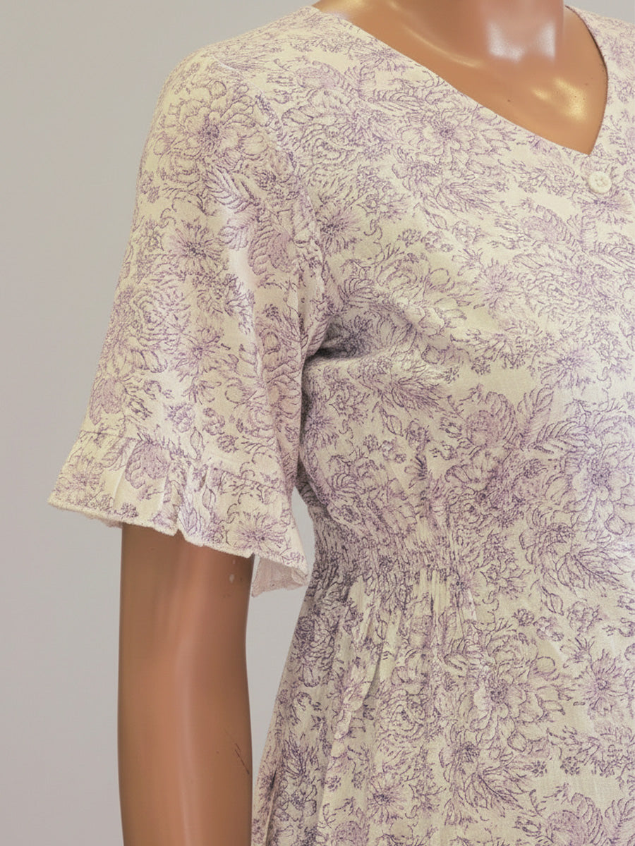 Cotton Full Open Floral Maternity Nighty – Full Length White & Lavender | Ziva