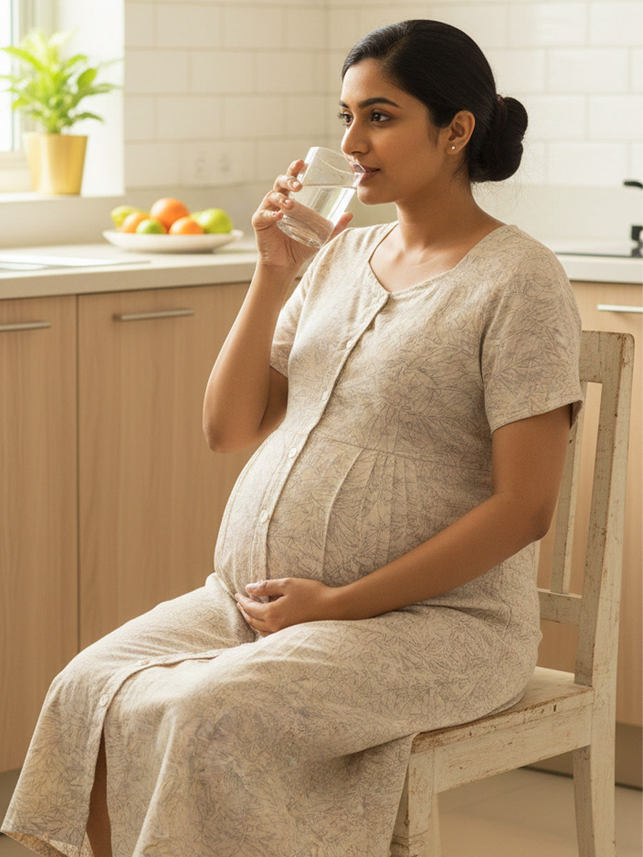 Ziva Cotton Full Open Short Maternity & Nursing Nighty – Cream Abstract Print