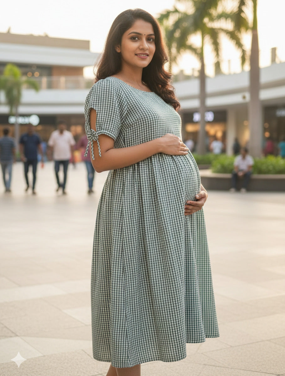 Trendy Maternity & Feeding Dress – Green & Off-White Gingham (Seersucker Fabric)