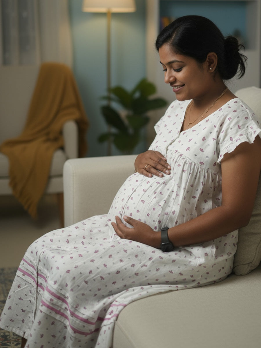 White Pink-Floral Full-Open Maternity & Nursing Nighty – Cotton by Ziva