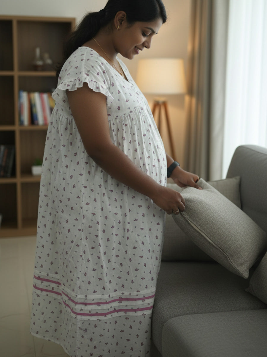 White Pink-Floral Full-Open Maternity & Nursing Nighty – Cotton by Ziva
