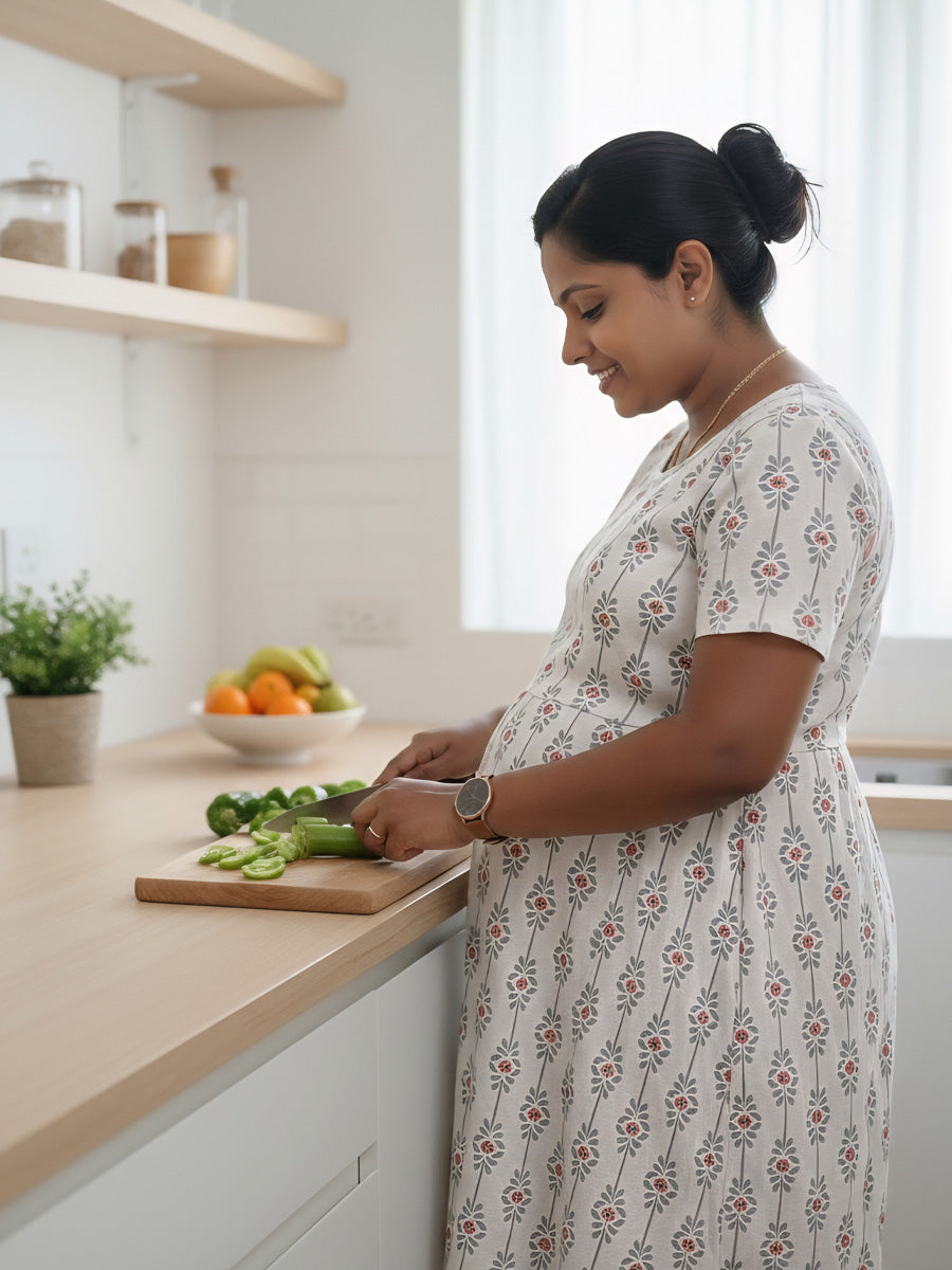 Cream  Floral Knitted Zipless Maternity & Nursing Dress | Ziva