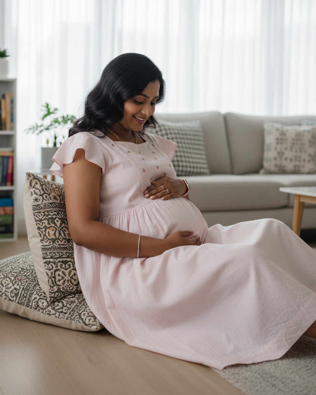 Soft Pink Cotton Maternity Dress with Flutter Sleeves & Nursing Zips ! Ziva