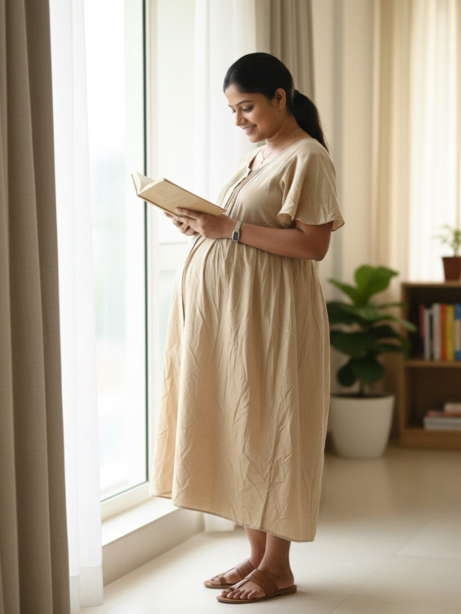 Coffee Cream Full-Open Short Maternity & Feeding Nighty