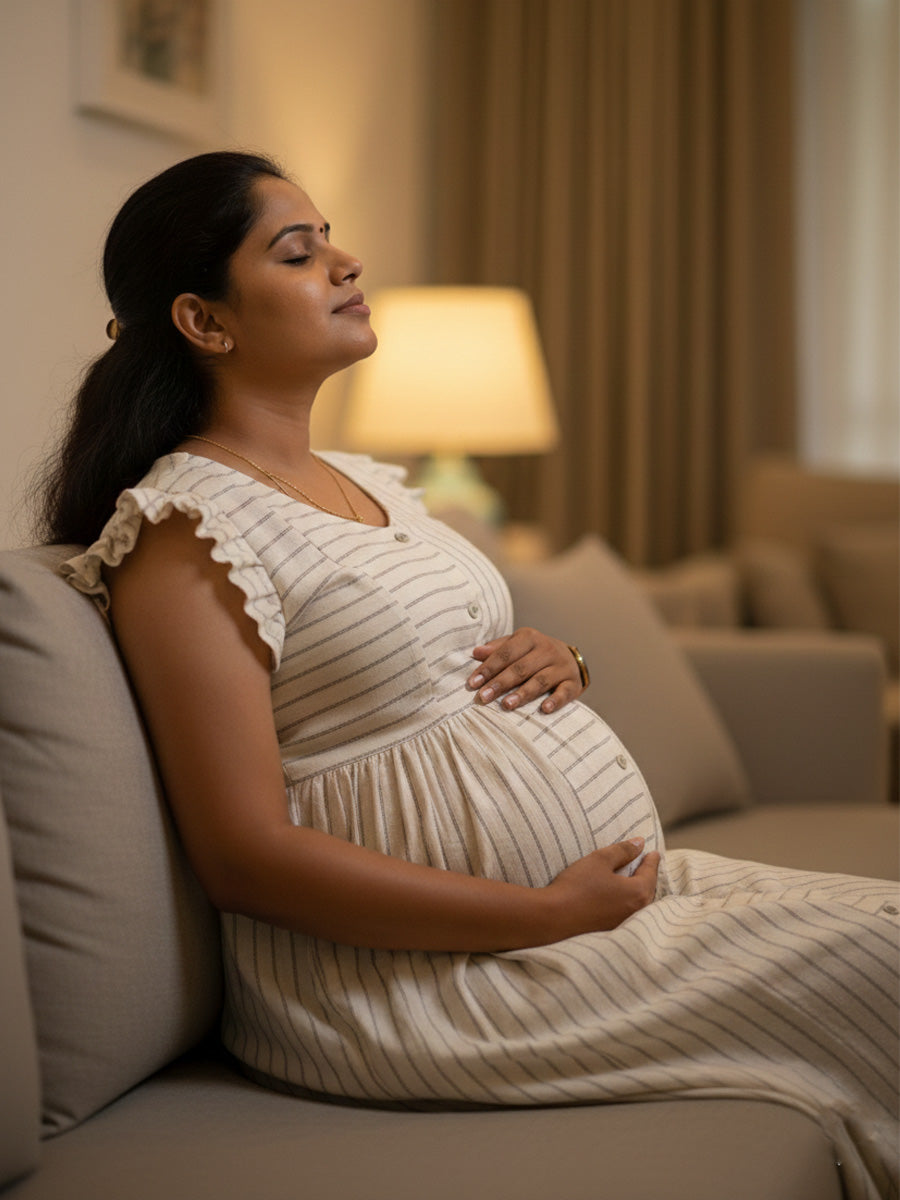 Cream Organic Cotton Maternity & Feeding Dress – Elegant Fine Black Striped print