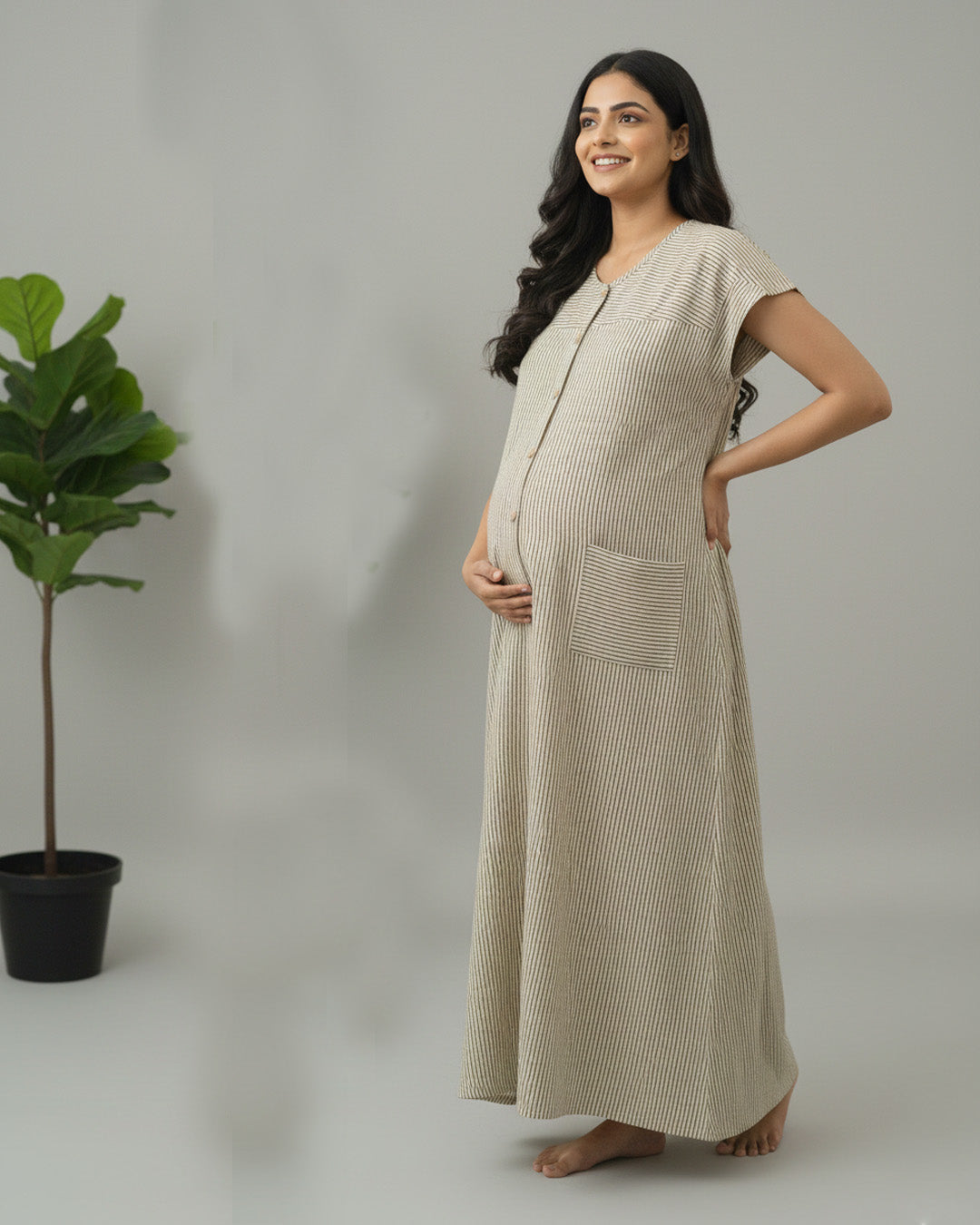 Yellowish Cream Cotton Vertical Striped Full-Open Maternity & Nursing Nighty