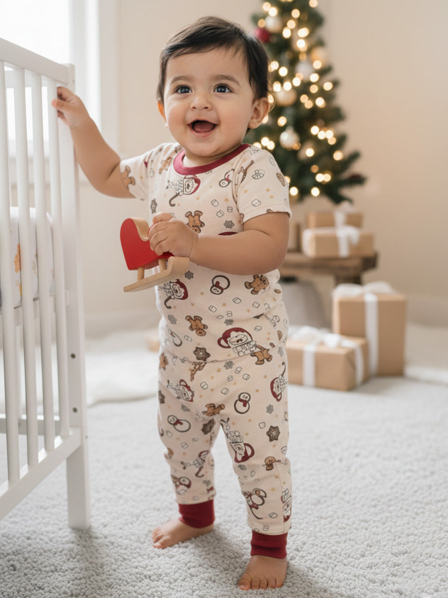 Cream Christmas Novelty Print Cord Set – Santa & Gingerbread Unisex Kids Wear