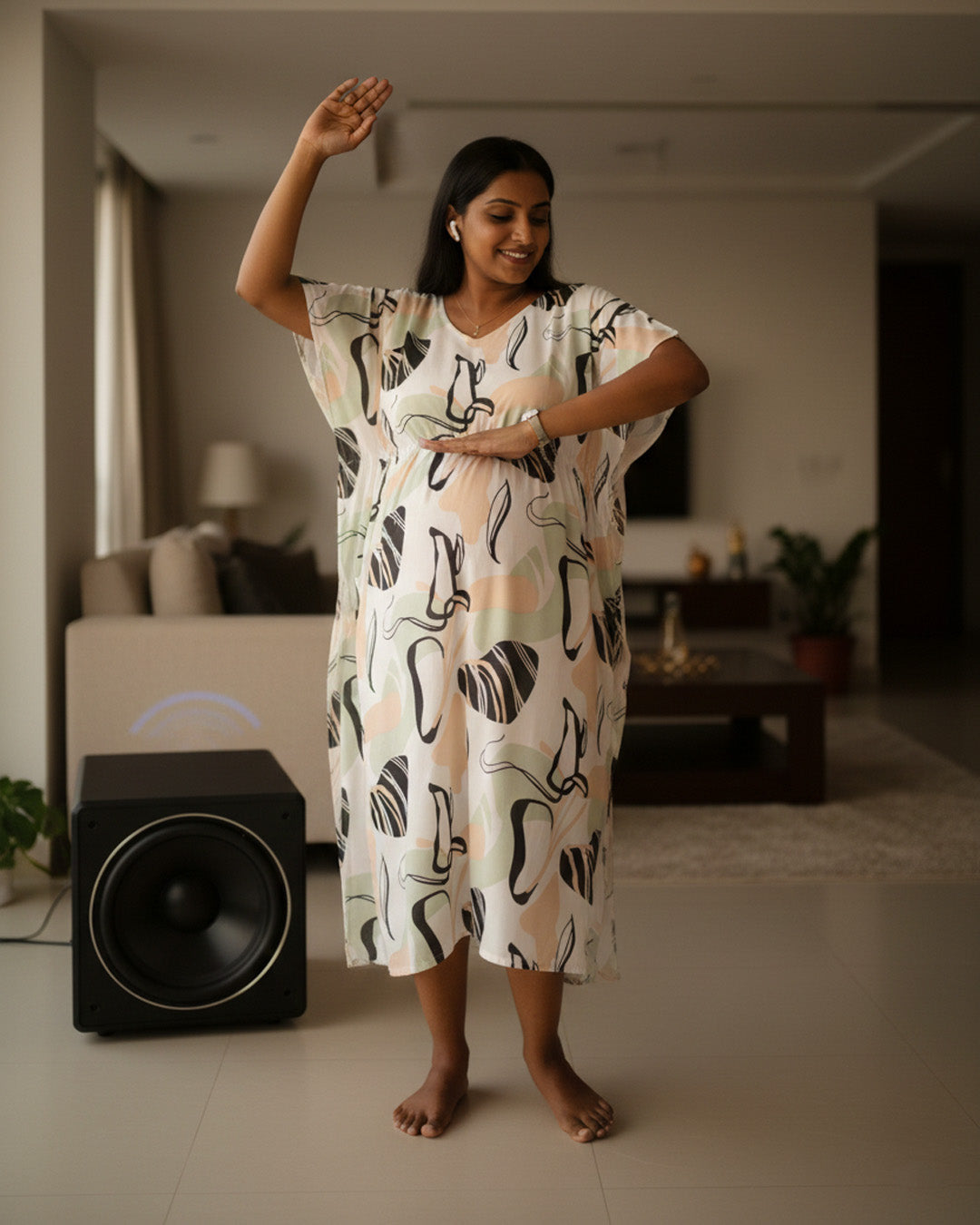 Maternity & Nursing Kaftan – White with abstract print & dual Zips | ziva