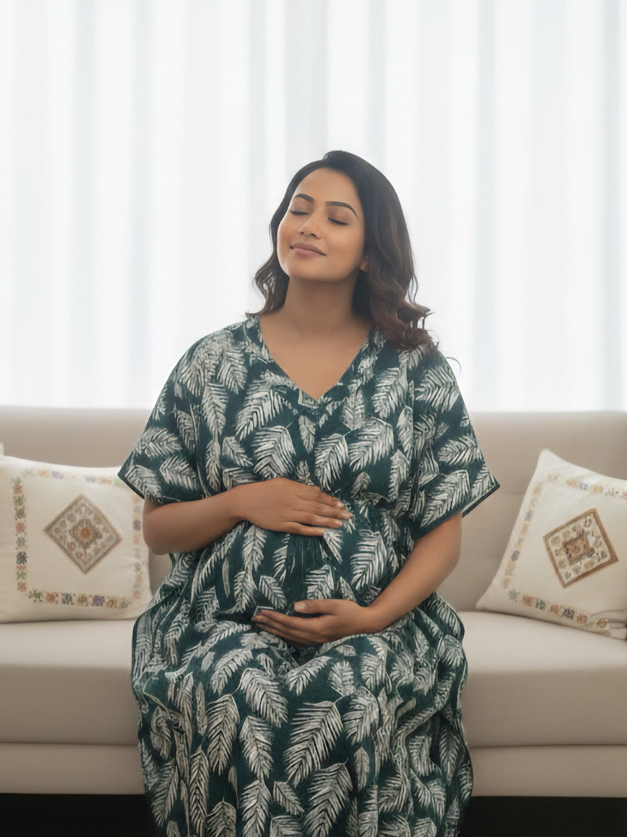 Dark Green Leaf Print Maternity & Feeding Kaftan with Dual Nursing Zips – Ziva