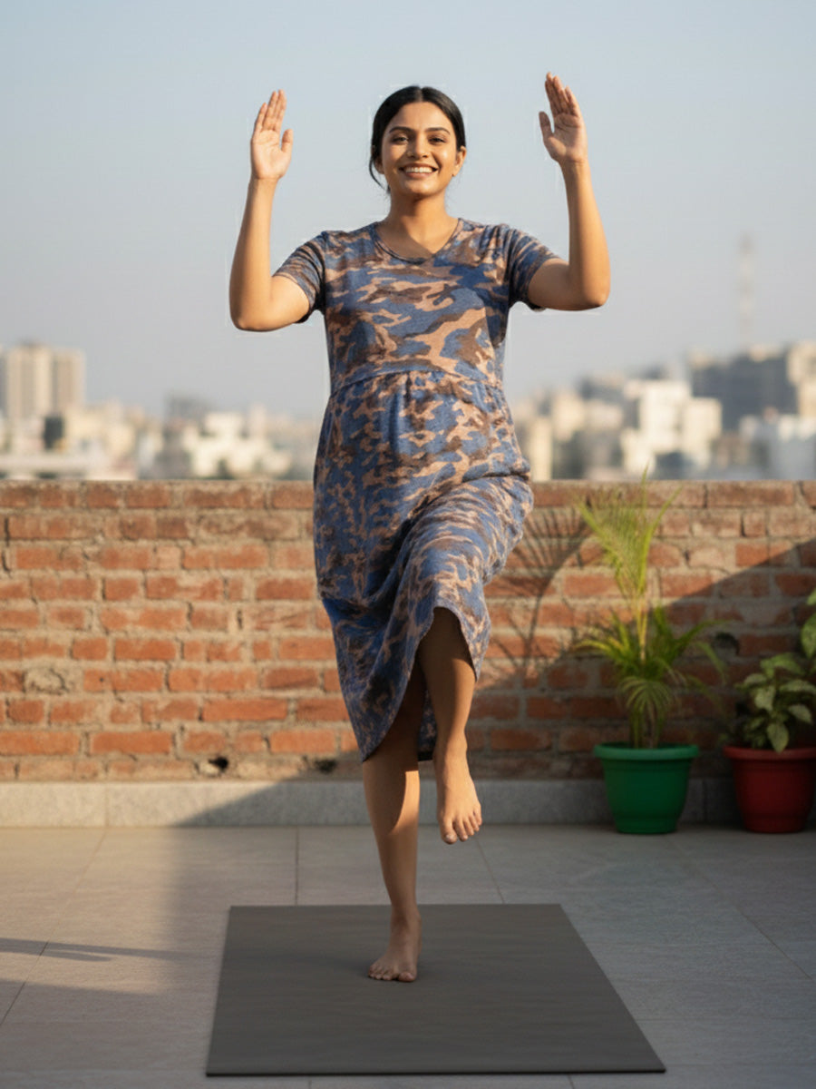 Navy Blue Camouflage Zipless Feeding Dress ,  Pull-Up Nursing Access | ziva