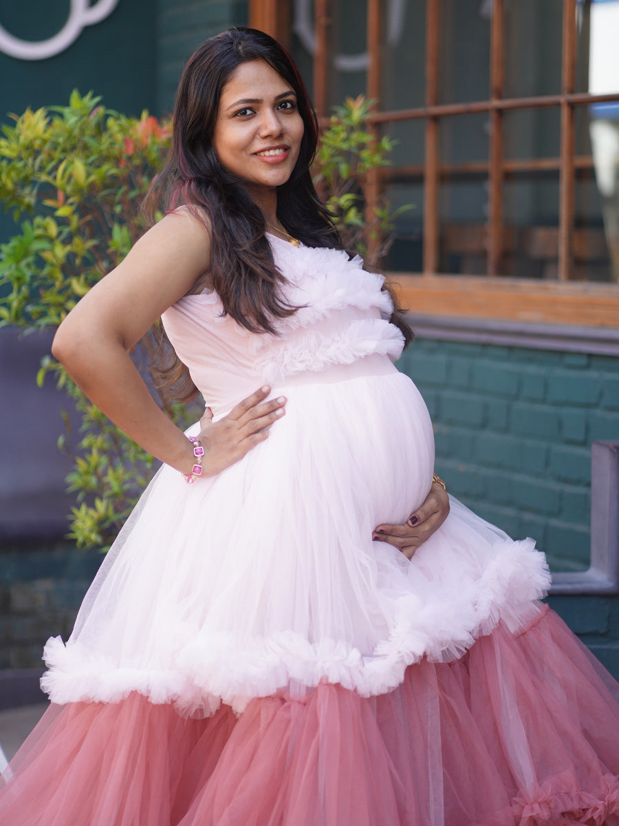 Stylish Baby Shower & Photoshoot Ombre Ruffle Pattern Maternity Gown in Pink–Peach–Red