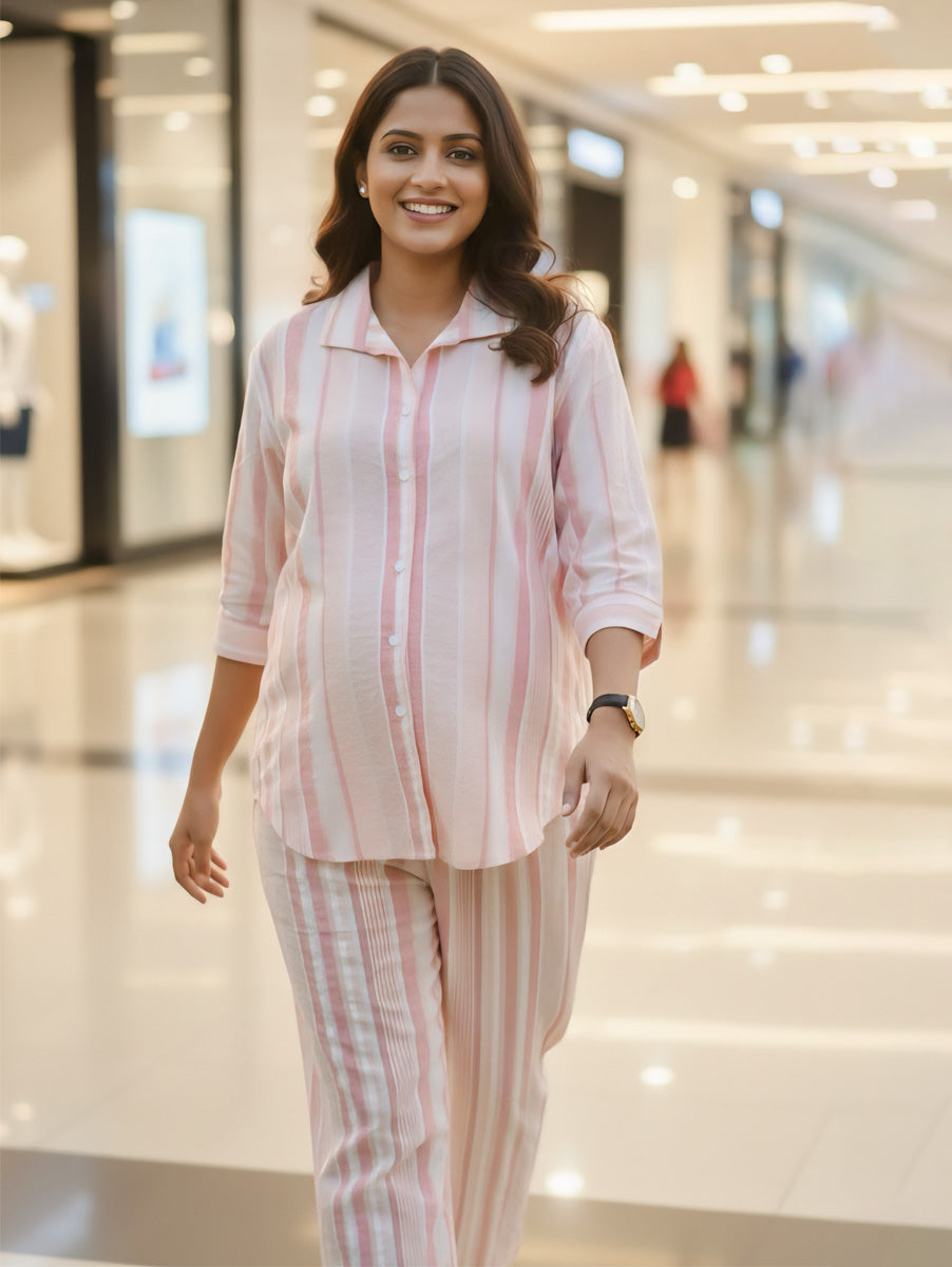 Ziva Pink & Peach Cotton Striped Maternity & Feeding Co-ord Set with Inner Baniyan (3-Piece Set)