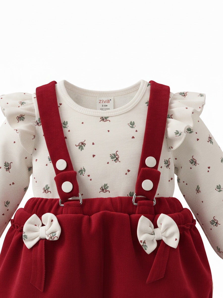 White Ruffle Sleeve T-Shirt & Red Velvet Suspender Skirt Baby Girl Outfit