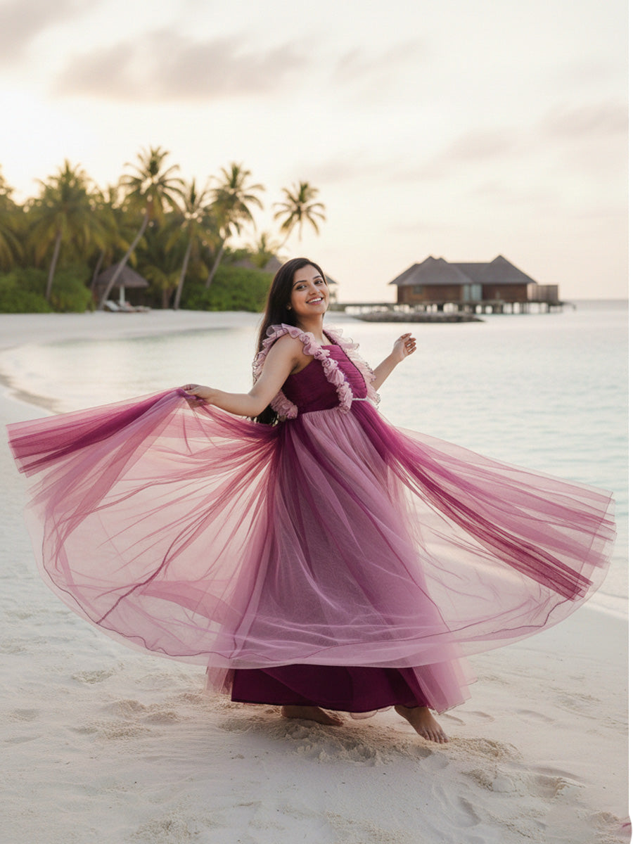 Wine & Pink Shaded Baby Shower & Photoshoot Gown with Pleated Yoke and Flowing Net Skirt