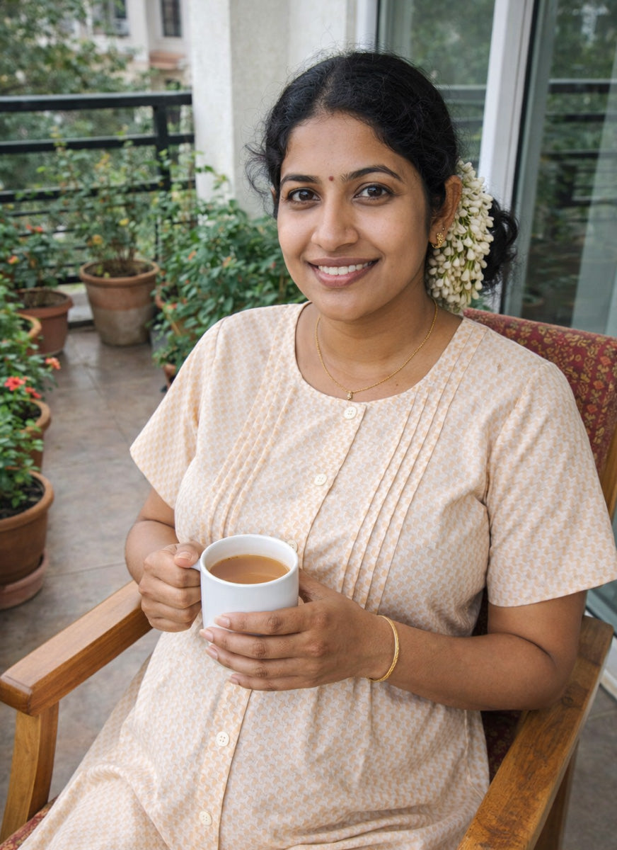 Cream Geometric Print Cotton Full Open Maternity & Feeding Short Nighty