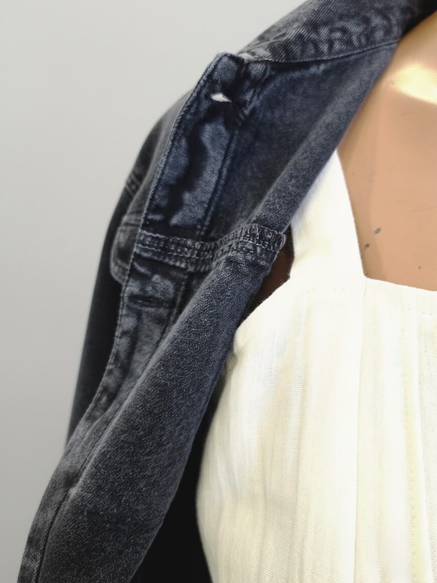 Light Cream Cotton Mull Maternity & Nursing Midi Dress with Soft Lining and Dark Grey Denim Jacket