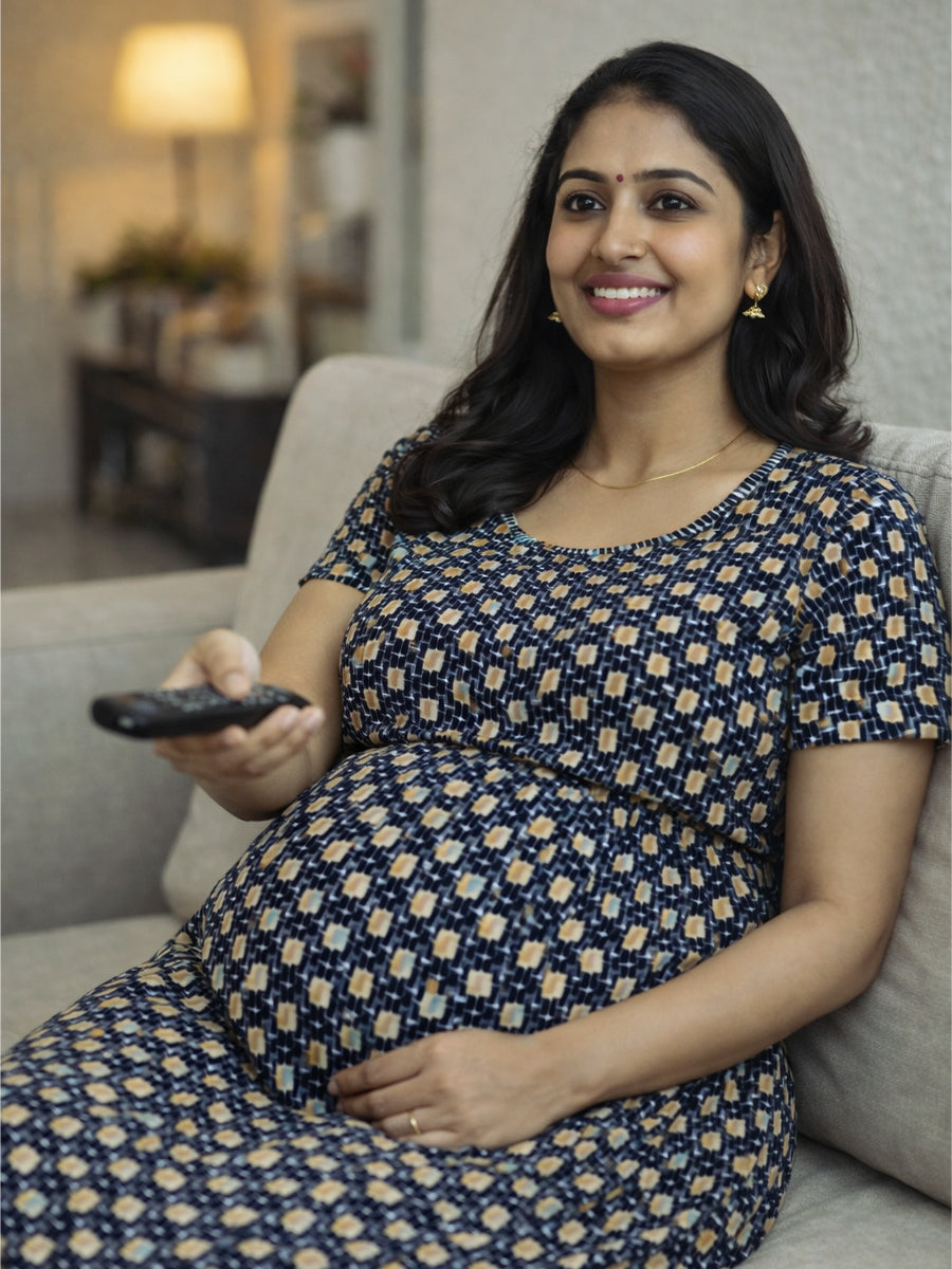 Ziva Light Cream Abstract Print (Black, Mustard Beige & Grey Blue) Zipless Gathers Nursing Maternity & Nursing Dress