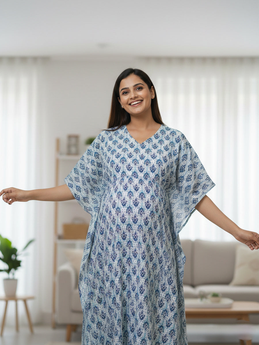 Maternity & Nursing Kaftan with Blue Block Print | ziva