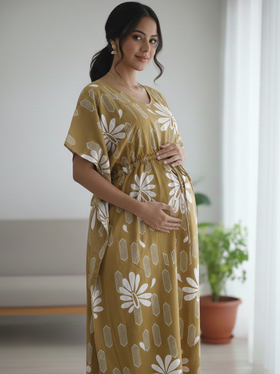 Golden Brown Floral Premium Maternity & Nursing Kaftan | Ziva