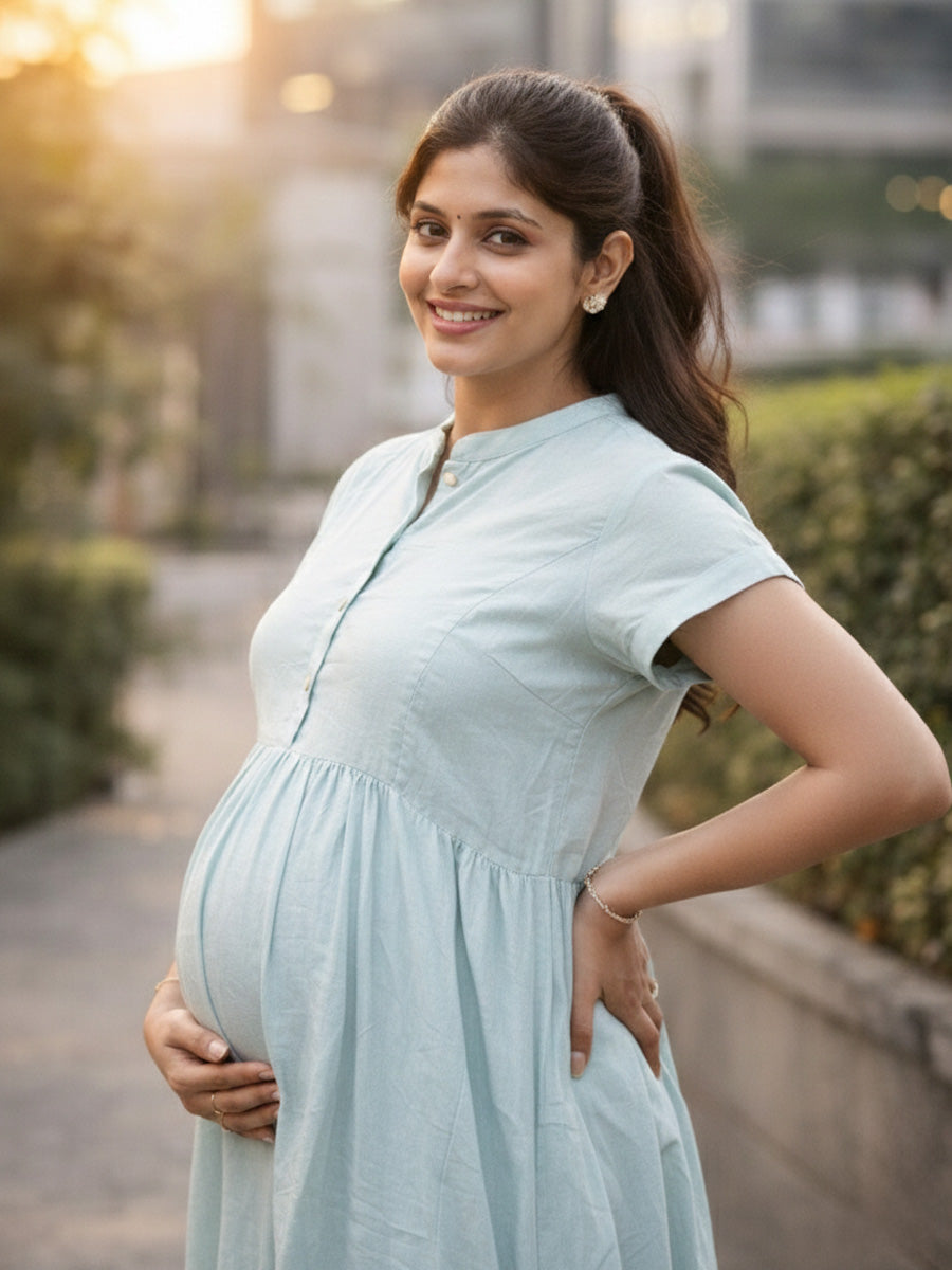 Ziva Pastel Teal Premium Crinkle Textured Maternity & Nursing Dress