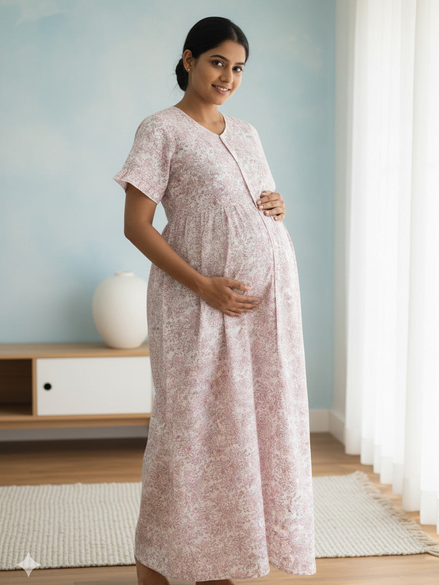 Cotton Full Open Floral Maternity Nighty – Full Length White & Peach Floral Print | Ziva